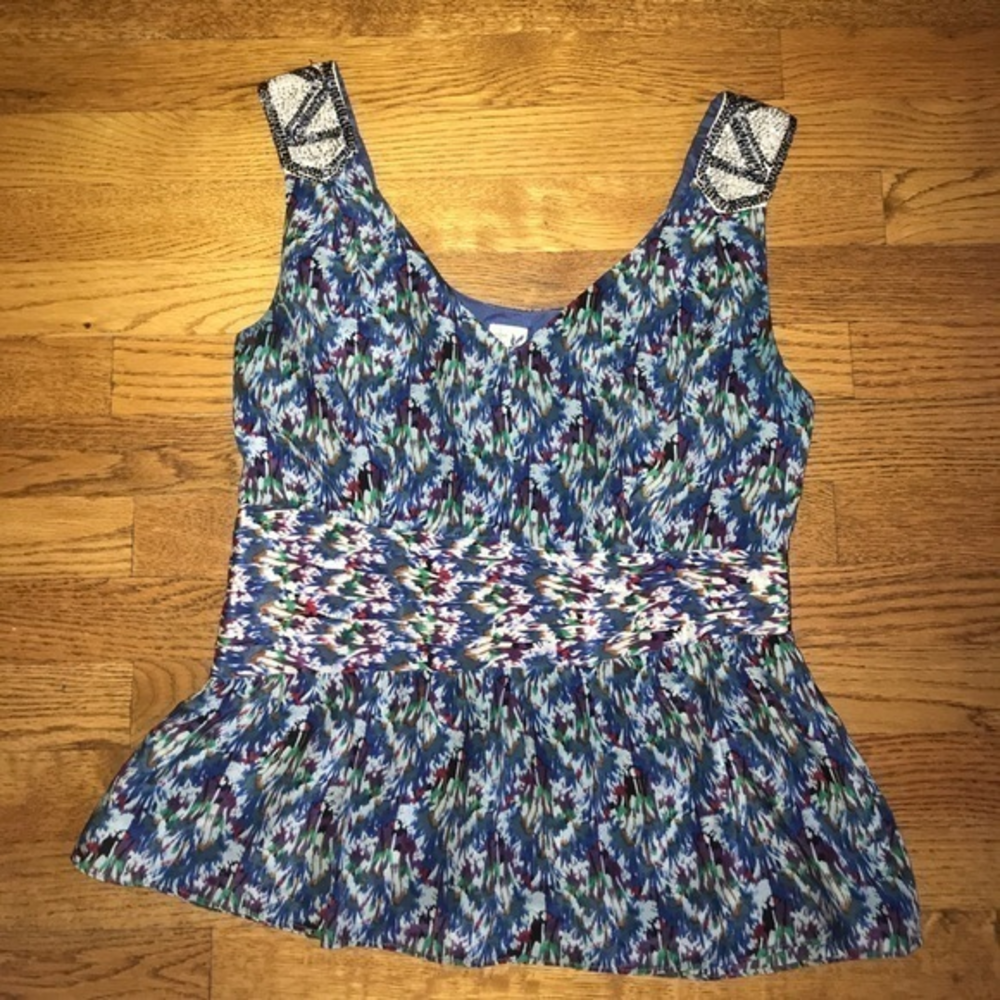 Anthropologie Edme Esyllte Blue Colorful Print
Beaded‎ Silk tank top peplum 10